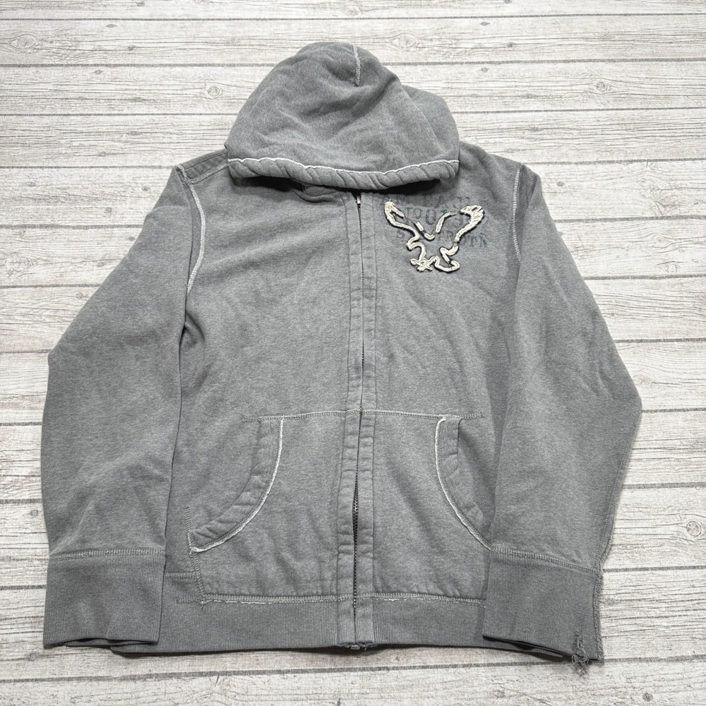 Y2K American Eagle Hoodie Men's 2XL Gray Vintage Fit Full Zip Distressed Retro